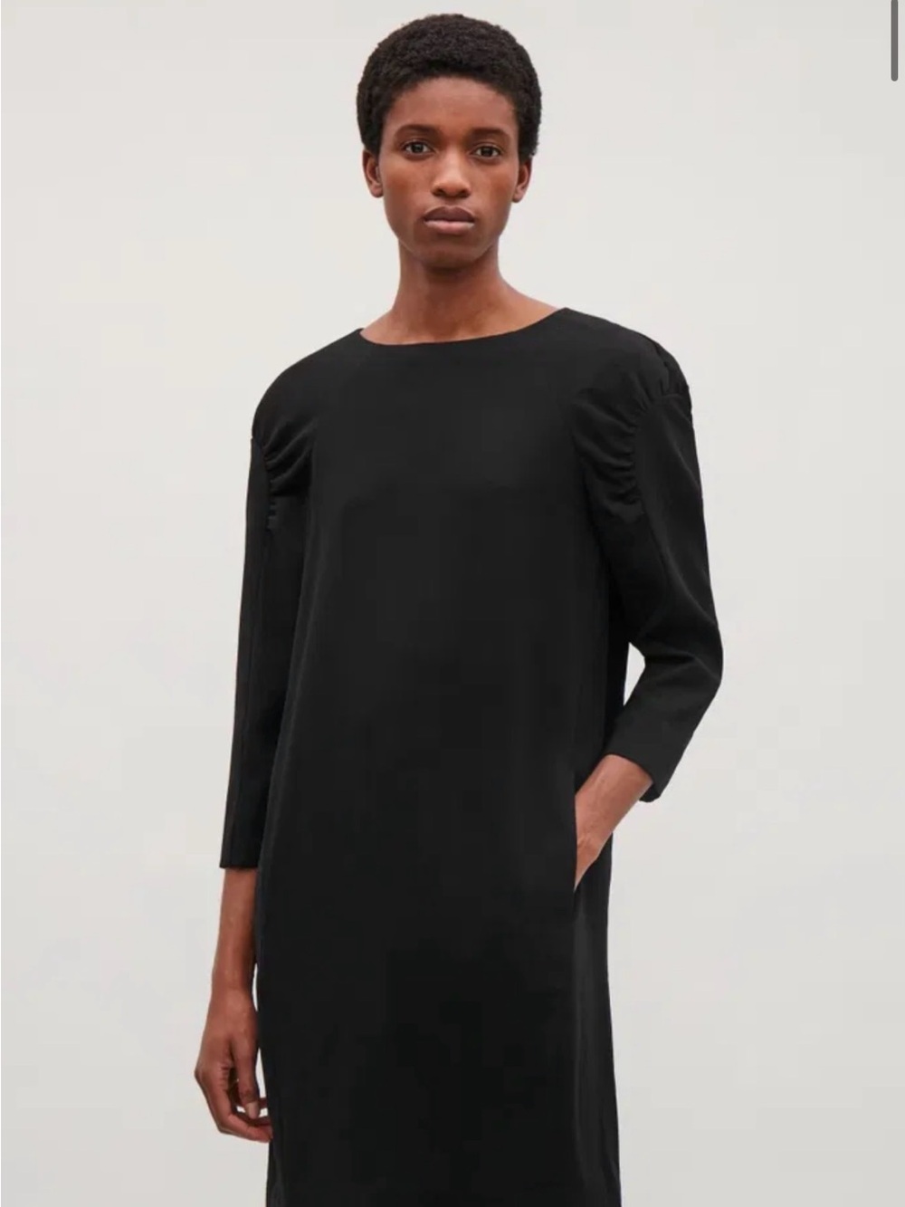 COS Classic Black Shift Dress with Subtle Puff Sleeves Gathered sz 2 minimalist - Picture 2 of 7